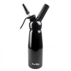 Black prowhip half litre whipped cream dispenser side facing. Has the 'prowhip' brand logo near to the bottom of the product