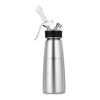 Side facing iSi Profi whip cream dispenser made from stainless steel with black rubber grip band around the whipped cream dispenser head.